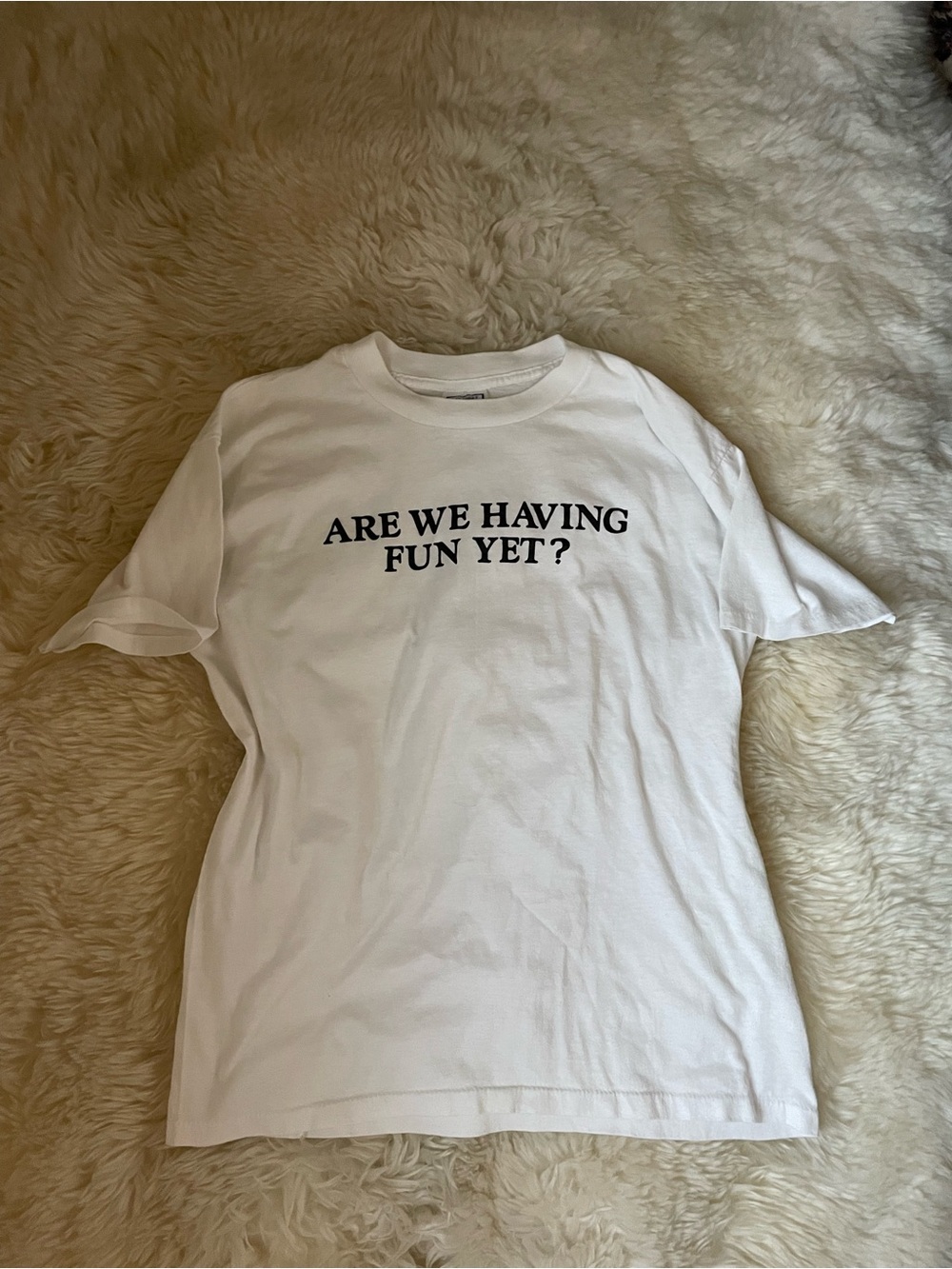 Vintage | rare white single stitch slogan t shirt “ are we having fun yet? “